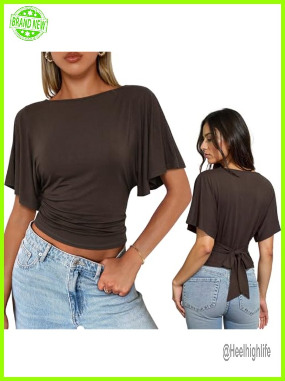 Women's Tie Back Blouse Boat Neck Flutter Sleeves Cinched Waist Wrap Top